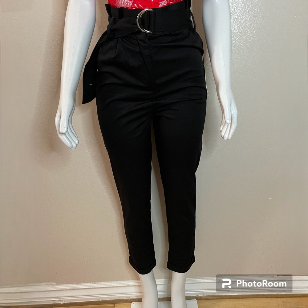 Black belted high waisted paper bag pants